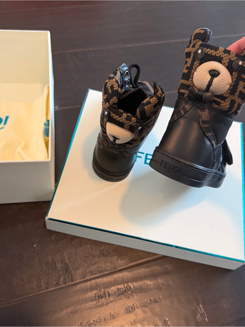 Fendi Kids Black and Brown Bear-Detail High-Top Boots